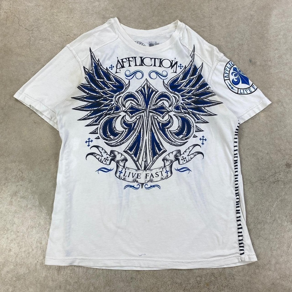 Vintage Y2K Affliction Shirt Size Medium White Blue Angel Wings Cyber Grunge